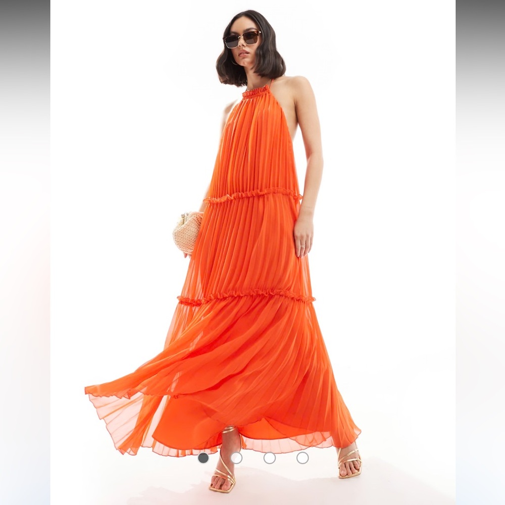 ASOS Design Orange Halter Neck Pleated Maxi Dress Size US 2 Frill Detail